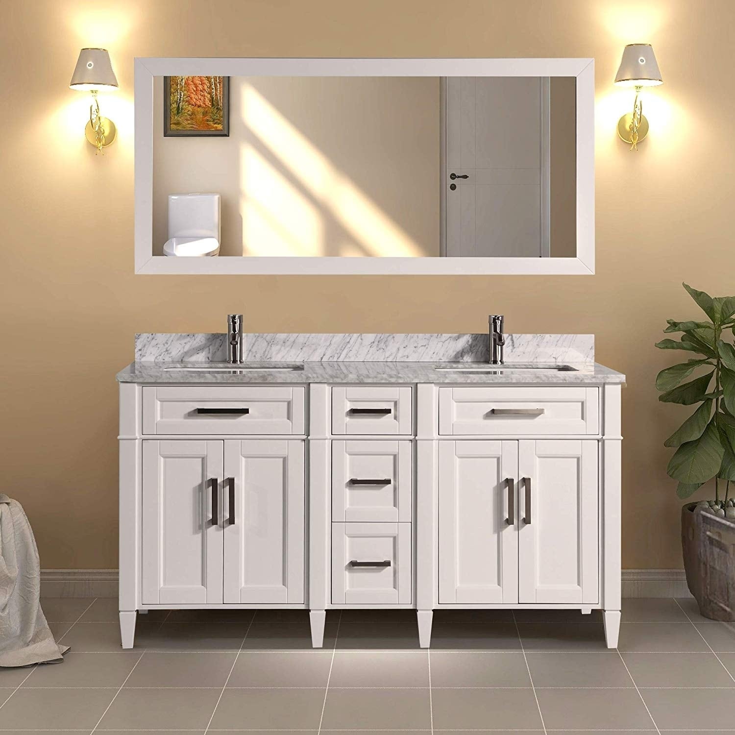 Vanity Art 60 Inch Double Sink Bathroom Vanity Set Carrara Marble Stone Top Soft Closing Doors