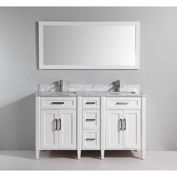 VA2060-DE Vanity Art 60 Inch Double Sink Bathroom Vanity Set Carrara Marble Stone Soft Closing Doors Undermount Rectangle Sinks with Free Mirror