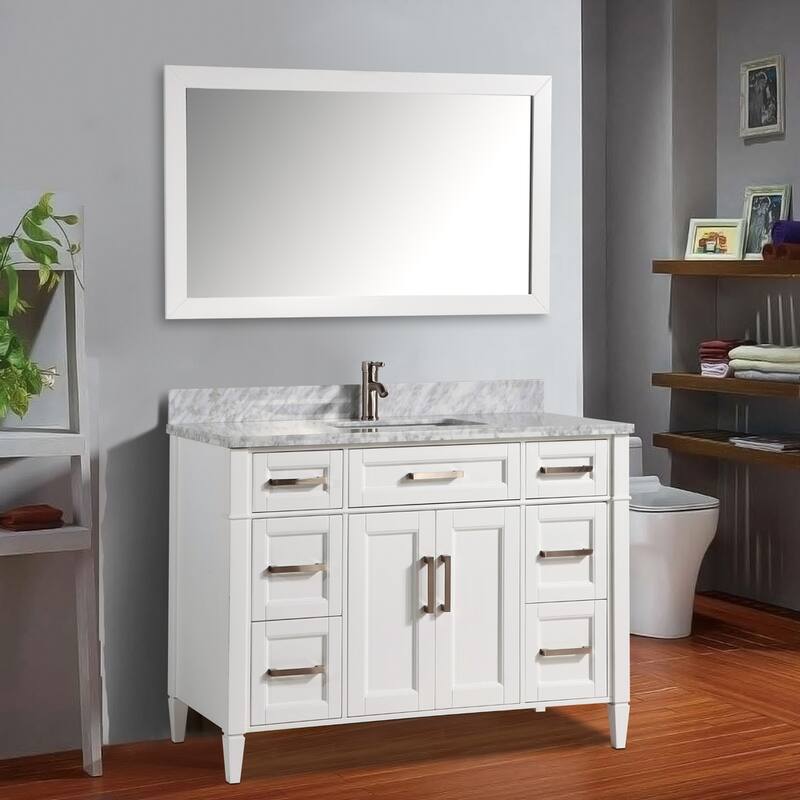 Vanity Art 60-Inch Single Sink Bathroom Vanity Set Carrara Marble Stone Top 7 Drawers 1 Shelf Undermount Sink with Free Mirror