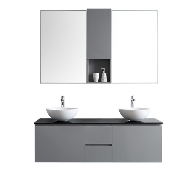 vessel sink double vanity ferrara 60inch glass countertop grey double vanity with white vessel sink and mirror shop vessel sink double vanity ferrara 60inch glass countertop grey double vanity with white vessel sink and mirror shop