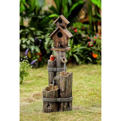 Jeco Wood Finish Tiered Water Fountain and Birdhouse
