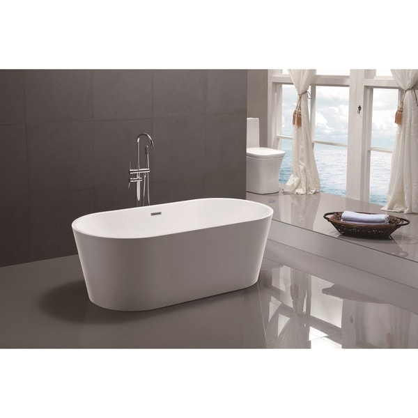Vanity Art 59" Freestanding Acrylic Bathtub Modern Stand Alone Soaking Tub with Chrome Finish Slotted Overflow & Pop-up Drain