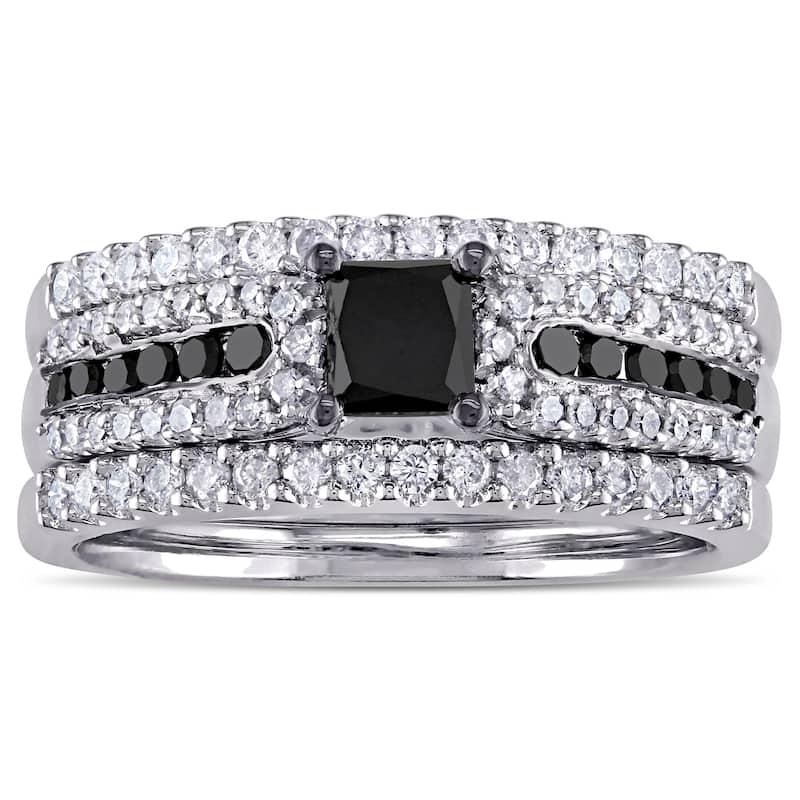Miadora Black Rhodium Plated Sterling Silver 1 1/6ct TDW Princess-cut Black and White Diamond Bridal