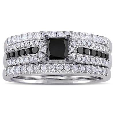 Miadora Black Rhodium Plated Sterling Silver 1 1/6ct TDW Princess-cut Black and White Diamond Bridal