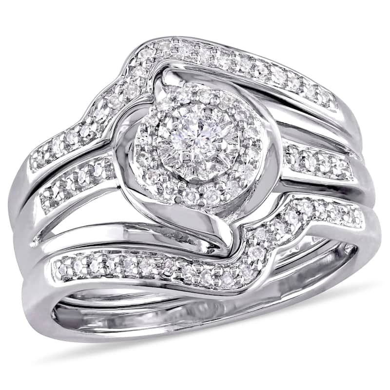 Miadora Sterling Silver 1/3ct TDW Diamond Bypass Halo Bridal Ring Set
