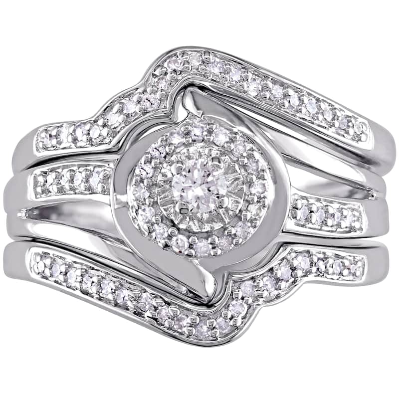 Miadora Sterling Silver 1/3ct TDW Diamond Bypass Halo Bridal Ring Set