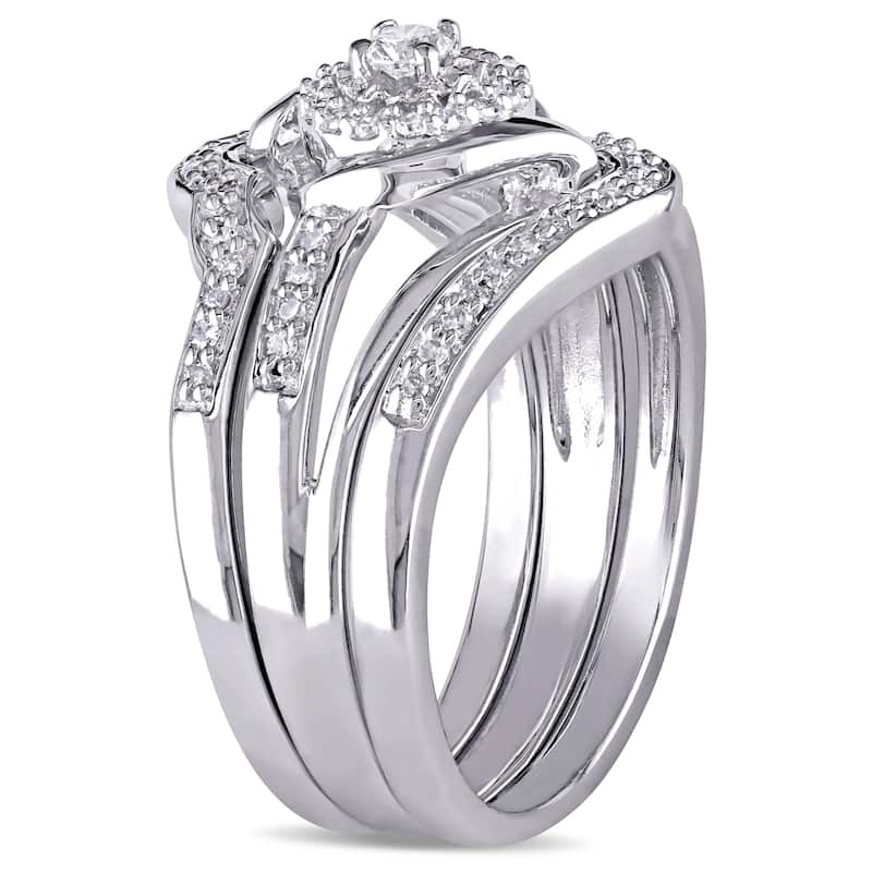 Miadora Sterling Silver 1/3ct TDW Diamond Bypass Halo Bridal Ring Set