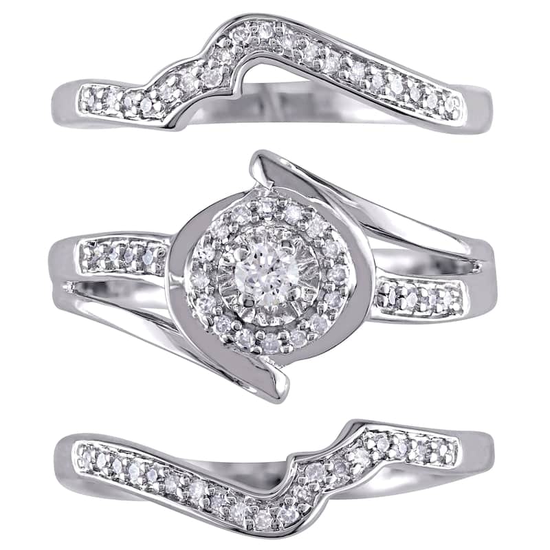 Miadora Sterling Silver 1/3ct TDW Diamond Bypass Halo Bridal Ring Set