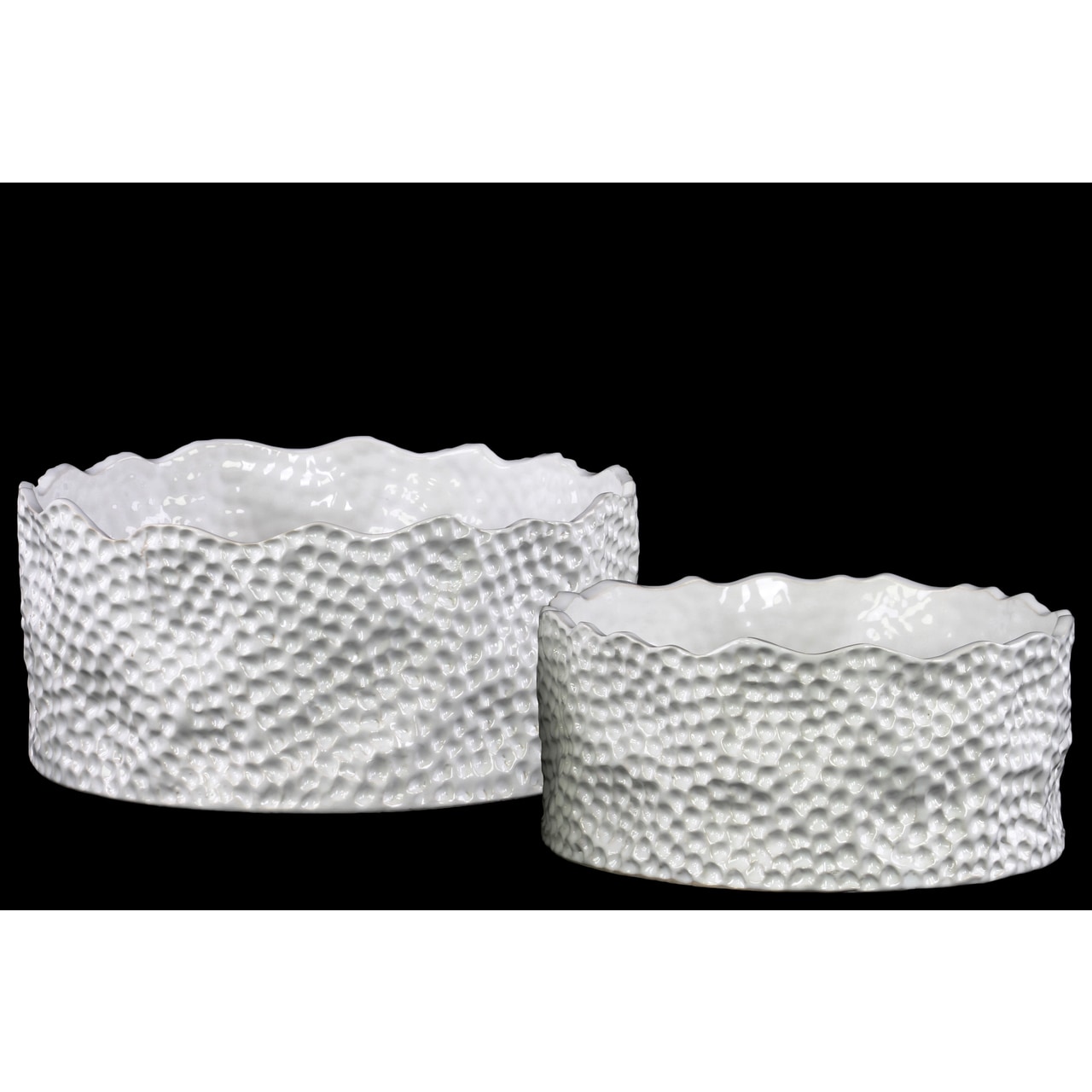 Urban Trends 28814 Ceramic Round Pot Set of Two Dimpled Gloss Finish White 