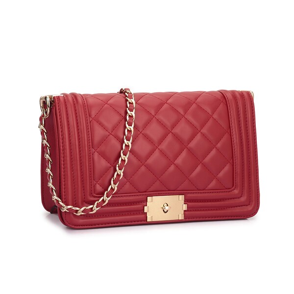 red crossbody bag with gold chain