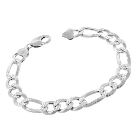 Authentic Solid Sterling Silver 10.5mm Figaro Link Diamond-Cut Pave .925 ITProLux Bracelet Chain 8.5", 9", Made In Italy