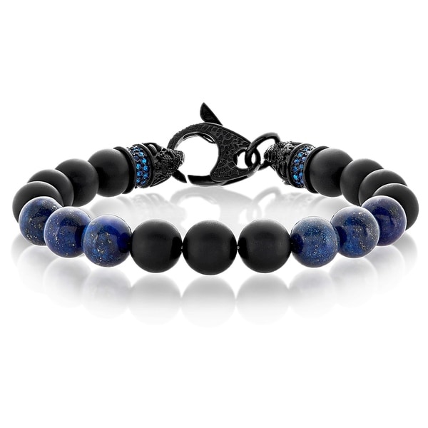 Crucible Black Matte Onyx and Lapis Lazuli Beaded Stainless Steel Bracelet (10mm) - 8.5"