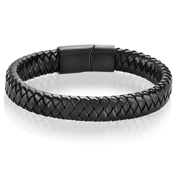 Shop Crucible Men's Stainless Steel Black Braided Leather Bracelet - 8. ...