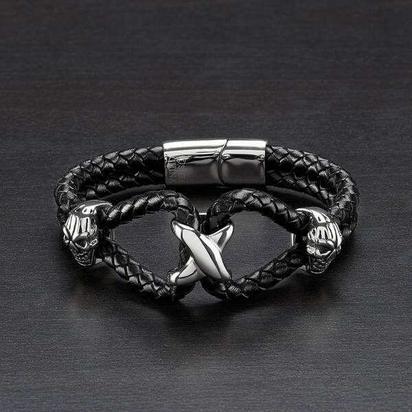 Crucible Stainless Steel Twin Skull Black Braided Leather Bracelet West Coast Jewelry - 8.5 12mm Wide