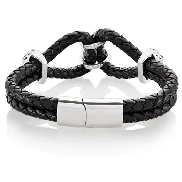 Crucible Stainless Steel Twin Skull Black Braided Leather Bracelet West Coast Jewelry - 8.5 12mm Wide
