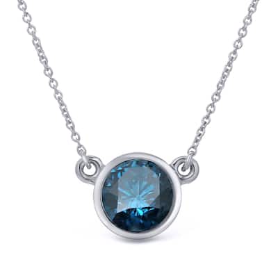 Auriya 1ctw Round Solitaire Blue Diamond Necklace 14k Gold Bezel-set (I1-I2)