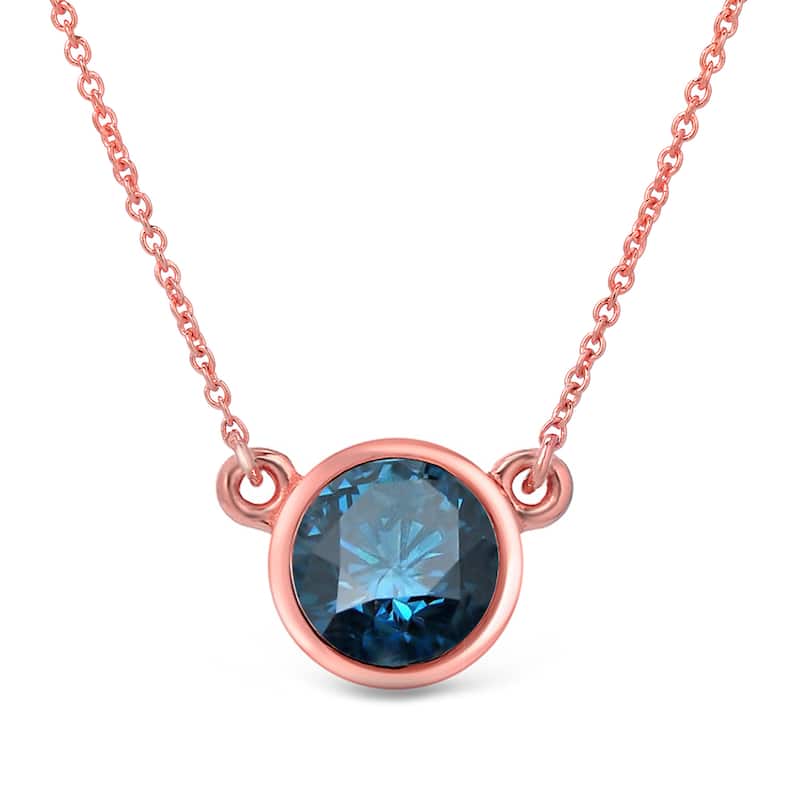 Auriya 1ctw Round Solitaire Blue Diamond Necklace 14k Gold Bezel-set (I1-I2)