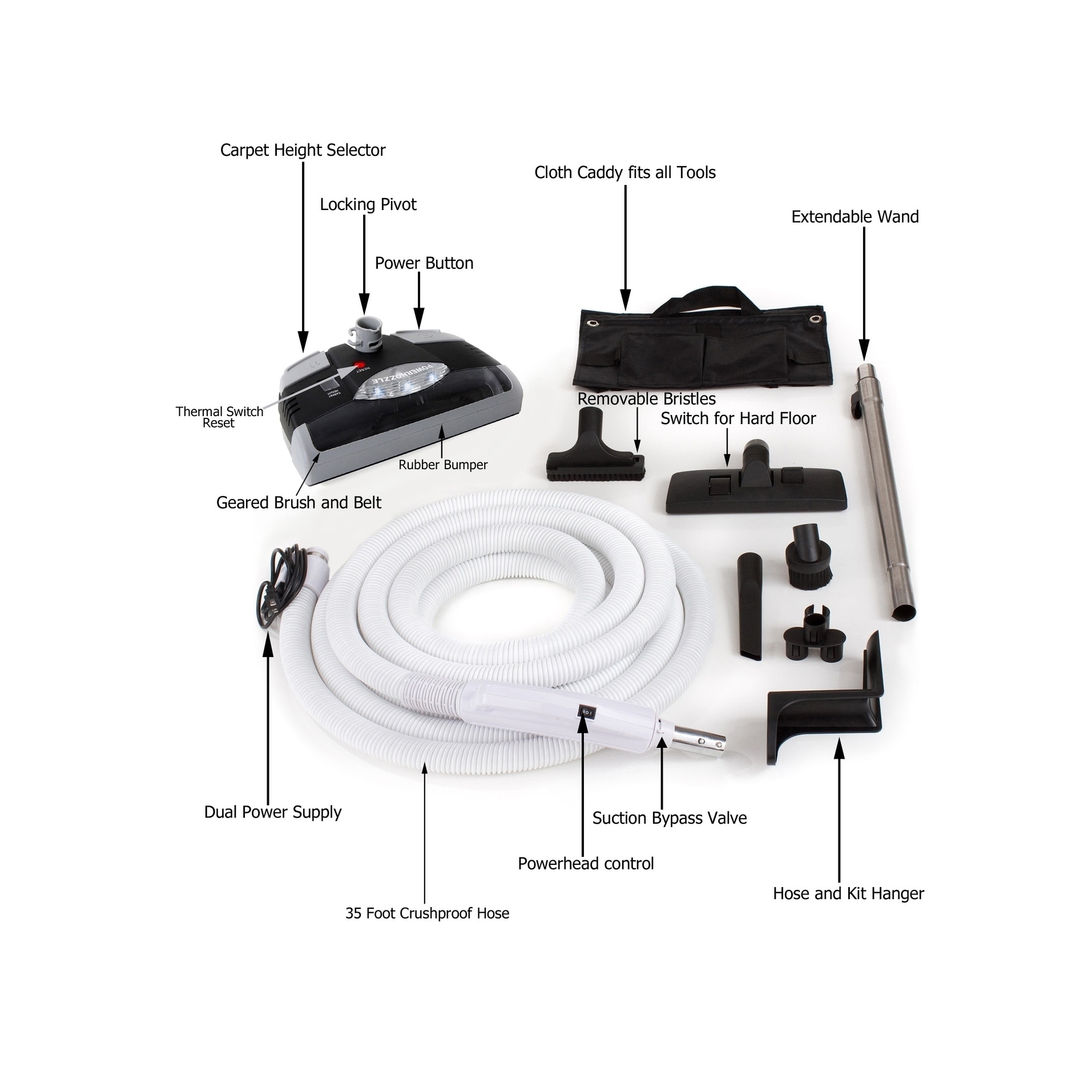 35 Foot Central Vacuum Kit With Power Head And Tools Overstock 12376362