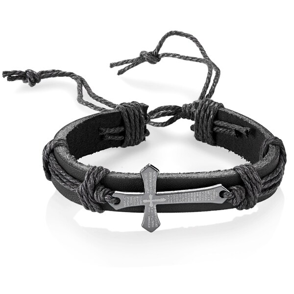 Spanish Lord's Prayer Cross Leather Adjustable Bracelet (14mm Wide)