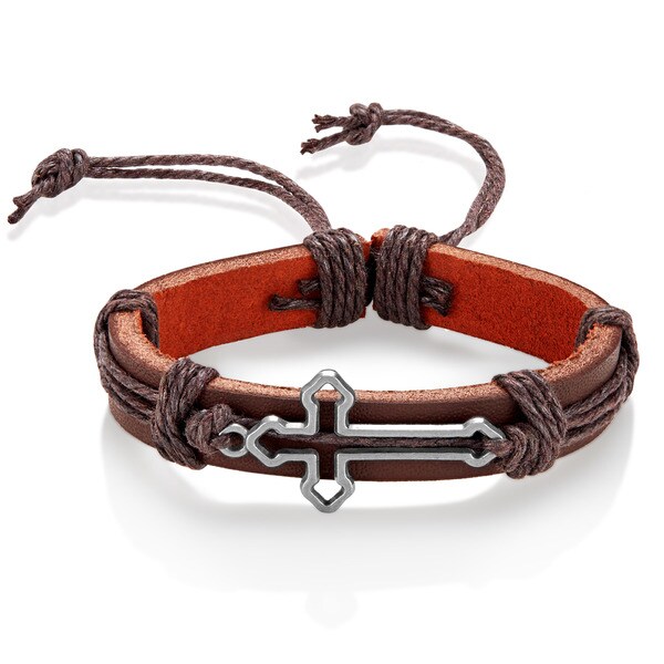 Men's Leather Open Cross Adjustable Bracelet - 8.5 inches (14mm Wide ...