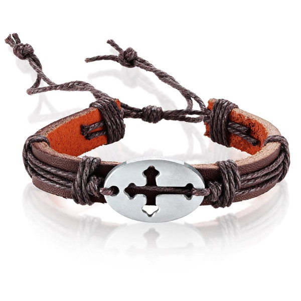 Men's Leather Open Cross ID Adjustable Bracelet - 8.5 inches (14mm Wide ...