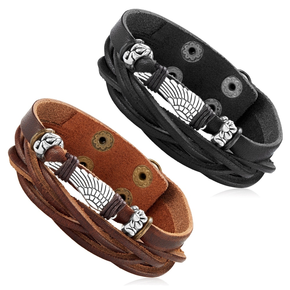 Custom Mens Leather Bracelet 2 Black Snaps BLACK Leather Wristband 1.75 Wide Leather Cuff Bracelet for Women Double Weave Wrist Band