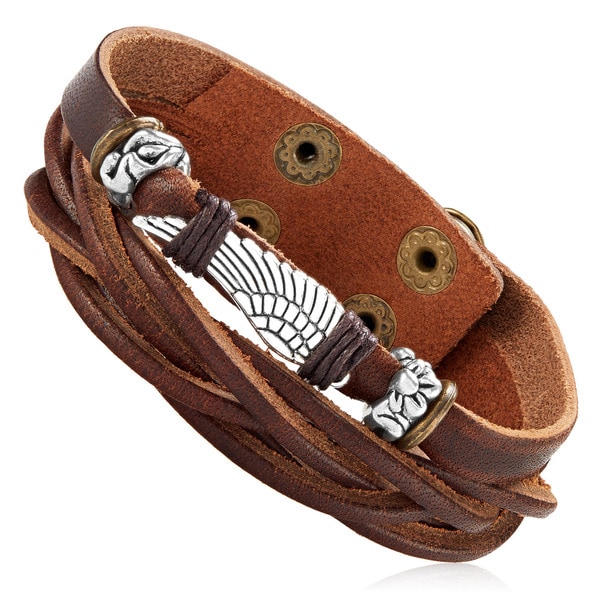 Men's Leather Wing Charm Double Strand Cuff Bracelet - 7.5 inches (22mm Wide)