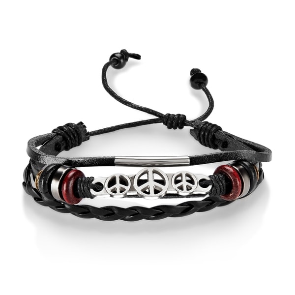 Peace ID Adjustable Triple Strand Black Leather Bracelet
