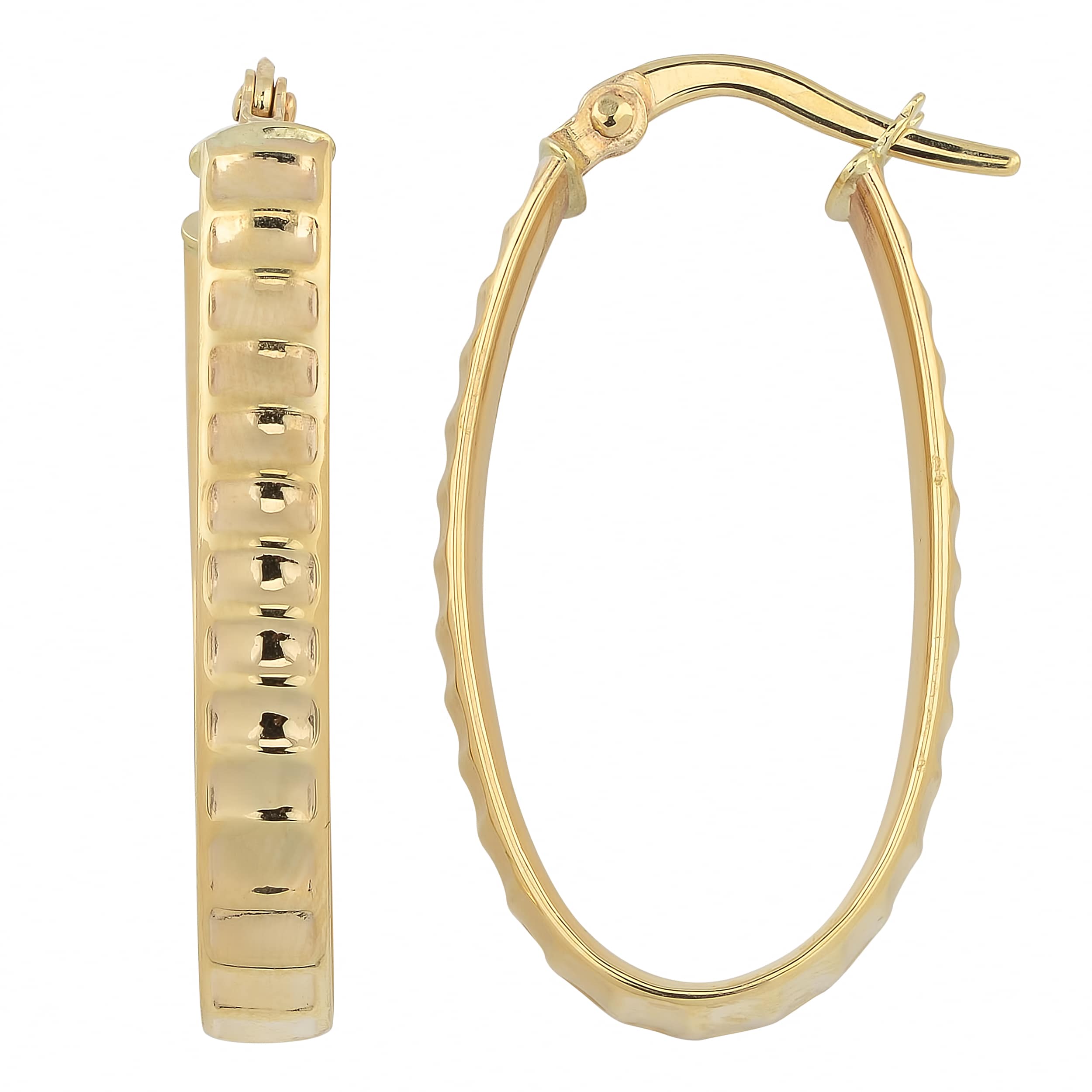 Au Naturale Italian 14k Yellow Gold High Polish Ripple Design Oval Hoop Earrings, 1.1"