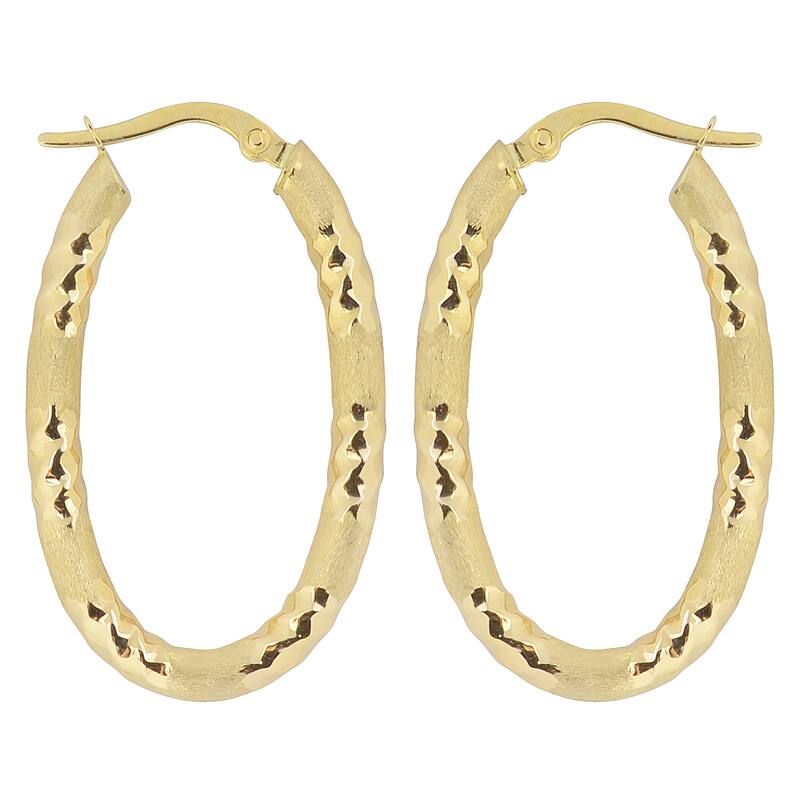 Fremada Italian 14k Yellow Gold Diamond-cut and Satin Finished Oval Hoop Earrings
