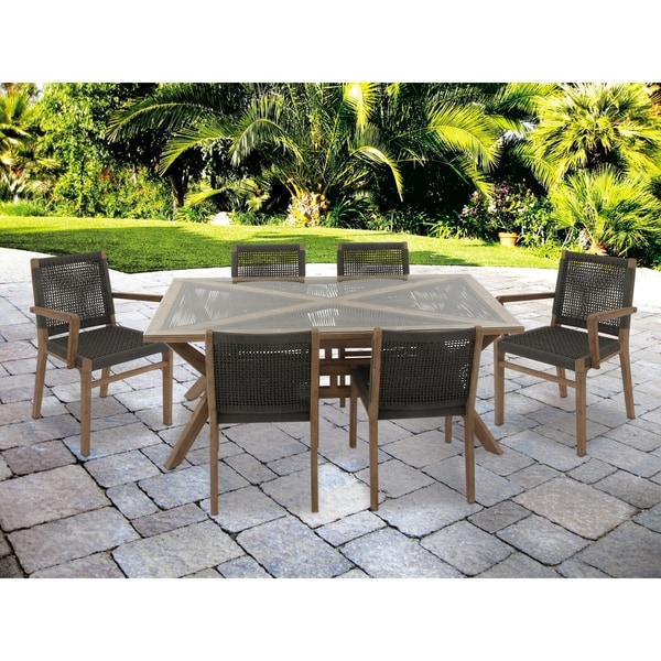 Modern 7-Piece Glass and Acacia Wood Dining Set by Studio 350