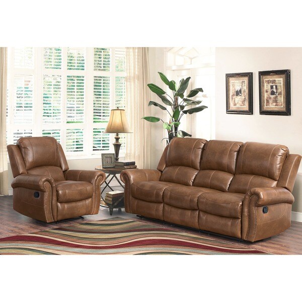 Shop Abbyson Skyler Cognac 2piece Leather Reclining Living Room Set  On Sale  Free Shipping 