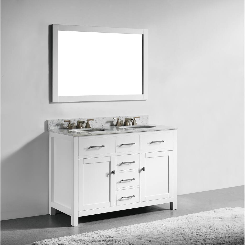 48-inch White Finish Solid Wood Double Sink Bathroom Vanity with Soft Closing Drawers, and Mirror