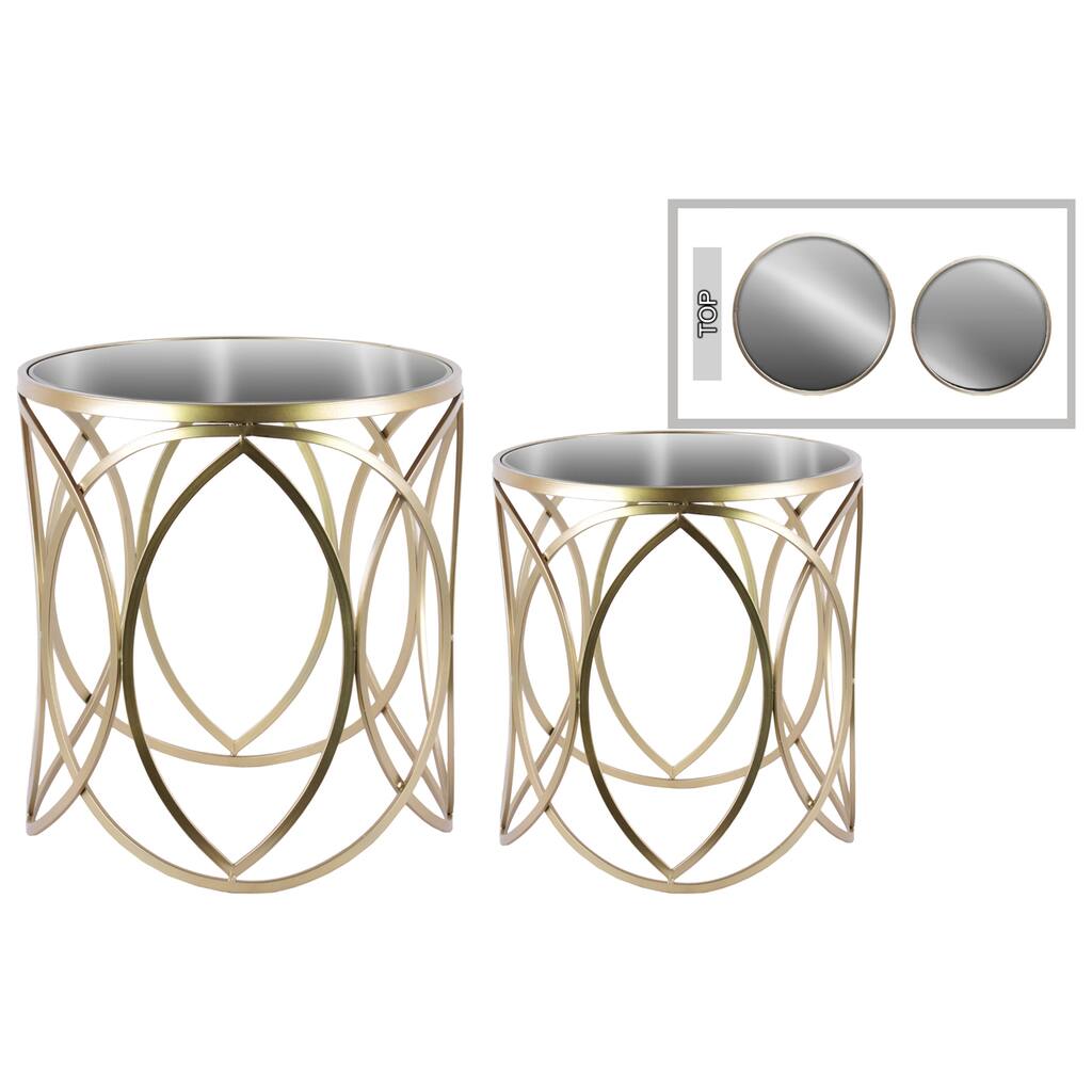 Metal Round Nesting Accent Table with Mirror Top and Swirl Design (Set of Two)