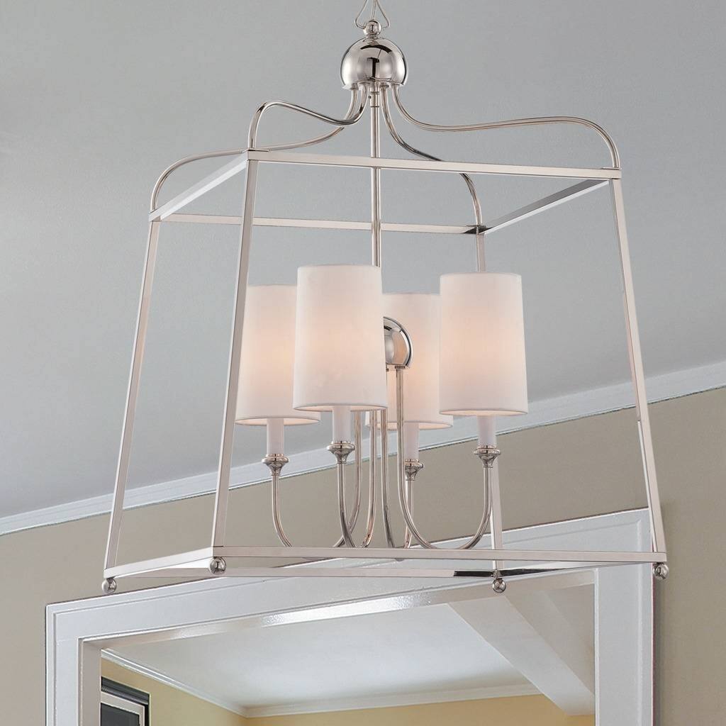 4-light Polished Nickel Chandelier w/White Silk Shades - Chandeliers For Bedrooms by Overstock.com