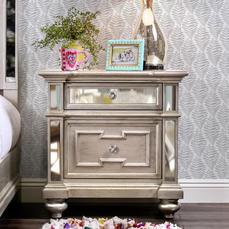 Eaen Glam Silver Wood 2-Drawer Nightstand by Furniture of America - Silver
