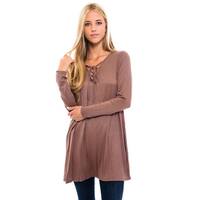 Women's Rayon Mocha Lace-up Neck Top