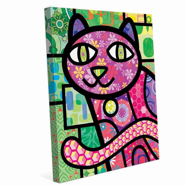 slide 1 of 1, Quilted Purple Kitty' On Green Wall Art on Canvas