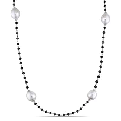 Miadora Signature Collection 14k White Gold 6ct TDW South Sea Pearl and Black Diamond Beaded Station Necklace (9.5-12mm)