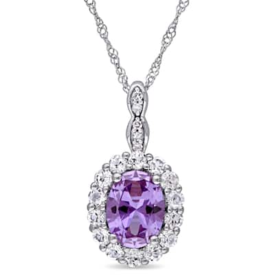 Miadora 14k White Gold Created Alexandrite and White Topaz Diamond Accent Oval Shaped Halo Necklace (G-H, I1-I2) - Purple