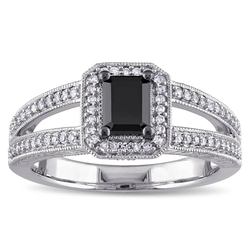 Miadora 10k White Gold 7/8ct TDW Black and White Diamond Halo Split Shank Engagement Ring