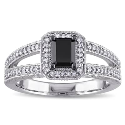 Miadora 10k White Gold 7/8ct TDW Black and White Diamond Halo Split Shank Engagement Ring