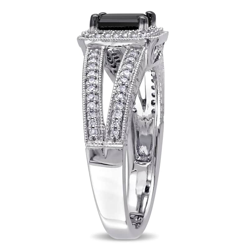 Miadora 10k White Gold 7/8ct TDW Black and White Diamond Halo Split Shank Engagement Ring