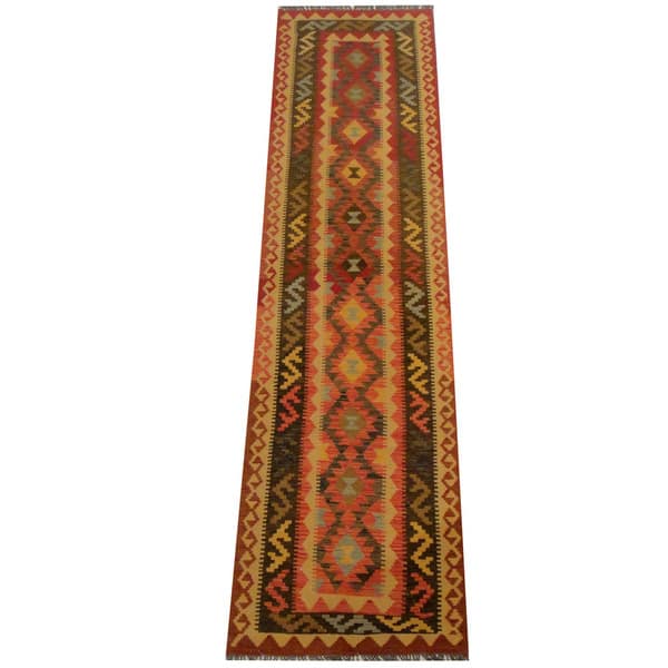 slide 1 of 3, Handmade One-of-a-Kind Vegetable Dye Wool Kilim Runner (Afghanistan) - 2'7 x 9'11