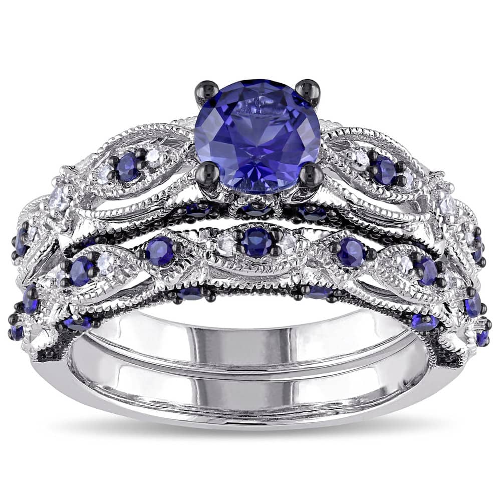 Miadora 10k White Gold Created Blue Sapphire 1/10ct TDW Diamond Vintage Bridal Set