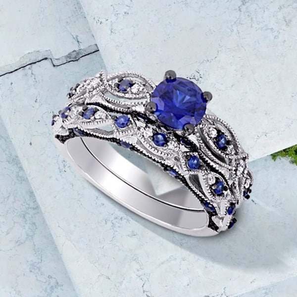 Miadora 10k White Gold Created Blue Sapphire 1/10ct TDW Diamond Vintage Bridal Set