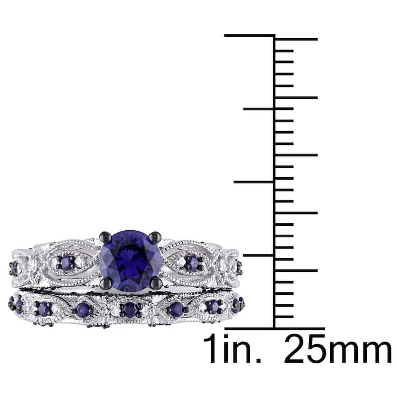 Miadora 10k White Gold Created Blue Sapphire 1/10ct TDW Diamond Vintage Bridal Set