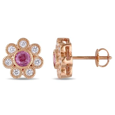 Miadora Signature Collection 14k Rose Gold Pink Sapphire and 4/5ct TDW Diamond Flower Stud Earrings (G-H, SI1-SI2)