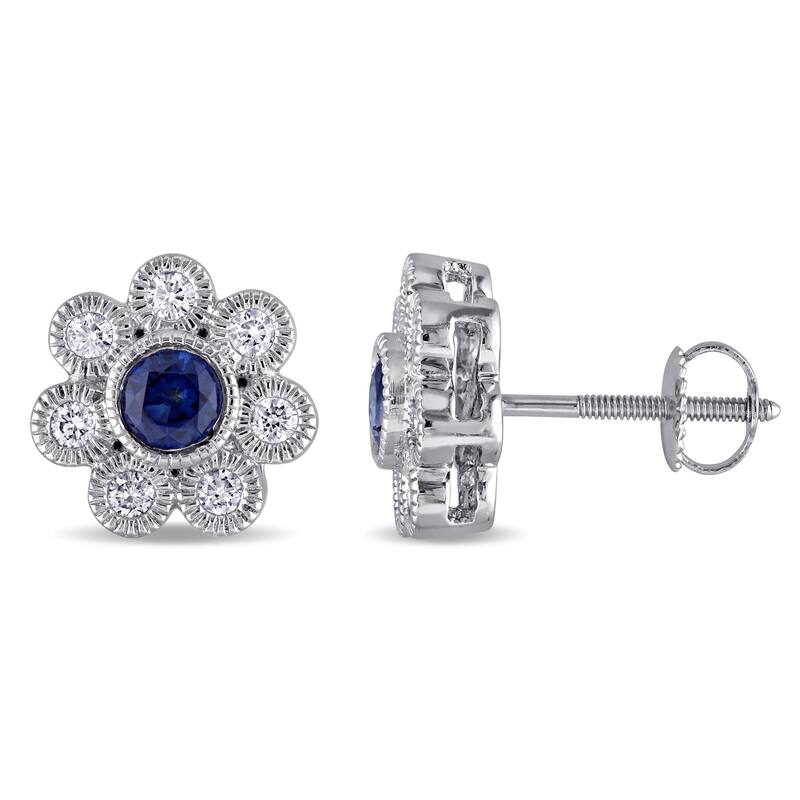 Miadora Signature Collection 14k White Gold Sapphire and 3/8ct TDW Diamond Flower Earrings (G-H, SI1-SI2) - Blue