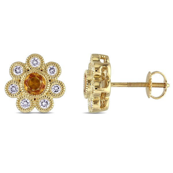 Miadora Signature Collection 14k Yellow Gold Yellow Sapphire and 3/8ct Diamond Flower Stud Earrings (G-H, SI1-SI2). Opens flyout.